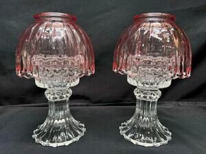 Pair of L.E. Smith Vintage Pink Fairy Lamps Clear Glass Pedestal Candle Holders